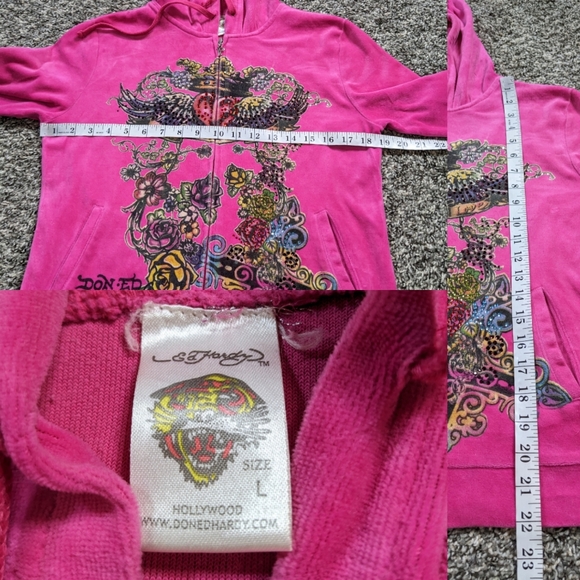 Ed Hardy Y2K pink velvet rhinestone heart wings flowers zip up hoodie L - Picture 9 of 11